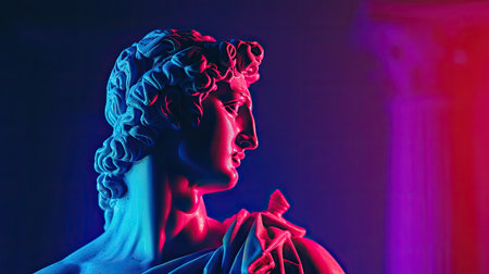 Classical neon statue, antique ancient sculpture in digital synthwave or vaporwave. AI generated. 90s creative abstract fashionの写真素材