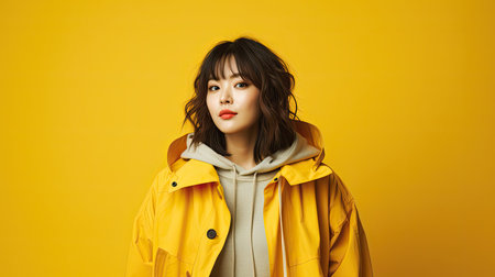 Cute Asian woman at clean yellow background. Young attractive girl in casual cloth. Fashion pretty person. AI generated, cute japanese or chinese modelの写真素材