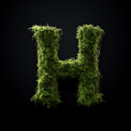 Letter H with moss. Large soft forest font. Green typographic symbol made of leaves. Concept of comfort, nature and ecology. AI Generatedの写真素材