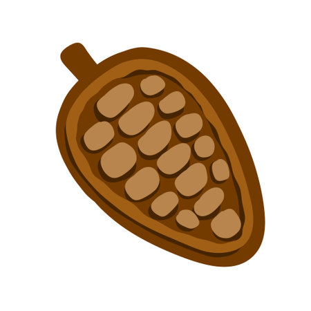 Cocoa beans flat illustration. Cartoon chocolate beans from cocoa tree. Fruit sweet food ingredient on white background. Natural nut and brown seedsのイラスト素材