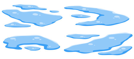 Puddle of water. Flat cartoon set isolated on white background. Leak and blue drop. Wet blue splatter. Cartoon raindrop, icon of pond or lakeのイラスト素材