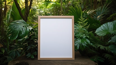 Empty photo frame on background of tropical leaves. Blank mockup. AI generated. Natural landscape...