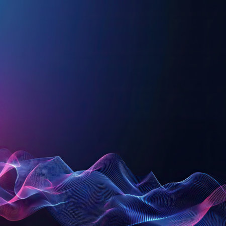Digital wave. moving particle effect, neon color. Modern futuristic graphic design. Glowing curve trendy horizontal line. Creative gradient dynamic concept. AI generatedの写真素材