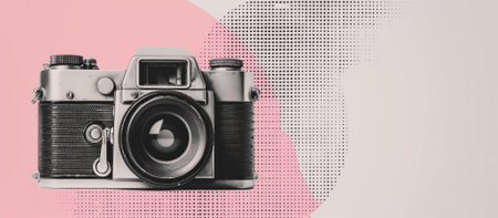Photo camera with copy space for template. Photographic halftone retro collage. Vintage dotted...
