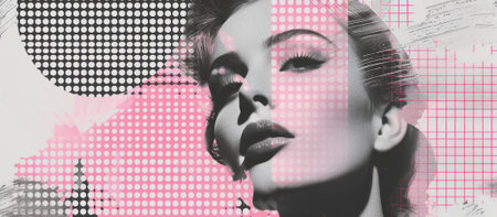 Retro woman illustration with copy space for template. Vintage abstract halftone portrait of pretty...