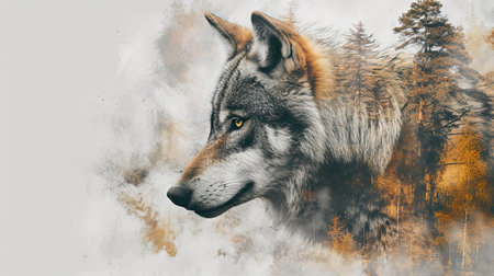 Silhouette of wolf in misty forest. Effect of overlapping frames. Mystical and mysterious natural...