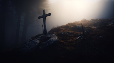 Cross in midst of misty forest. Christian symbol among rocks and trees. Concept of finding the way...