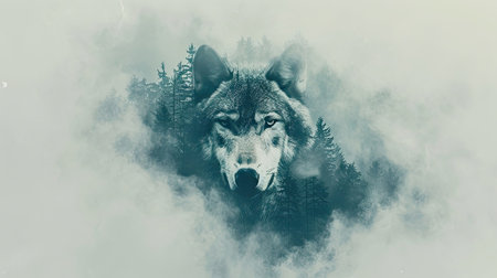 Silhouette of wolf in misty forest. Effect of overlapping frames. Mystical and mysterious natural...