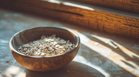 Oatmeal and cereals in rustic bowl. Retro Plate with natural food. Concept of healthy nutrition,...