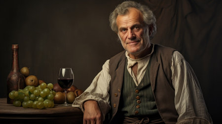 Winemaker at winery. Rustic interior and adult man with glass of wine. Production of a drink from...