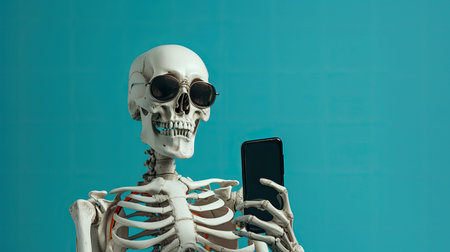 Skeleton with phone in hand. Halloween illustration, skull and bone with mobile smartphone. AI...
