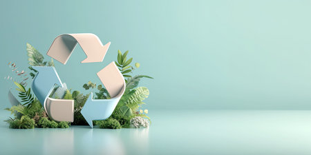3D recycle icon with copyspace for eco template. Reuse mock up background. Horizontal copy space....