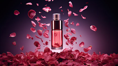 Perfume with scent of roses. Concept of tenderness and femininity. Pink glass perfume bottle. Cosmetic product among the petals of flowers. AI generatedの写真素材