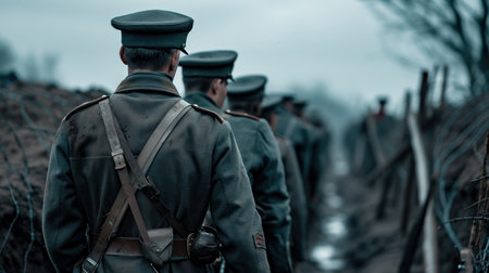 Group of retro military soldiers in trenches. Special army unit of 20th century in the war. AI...