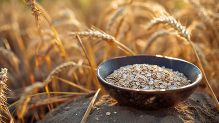Oatmeal and cereals in rustic bowl. Retro Plate with natural food. Concept of healthy nutrition, village and naturalness. AI Generatedの写真素材