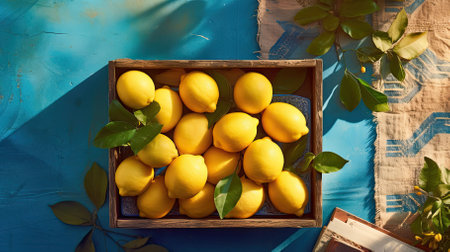 Box or crate of lemon. Empty space for copy space and template. Mediterranean cuisine, ingredients and citrus fruit. AI Generated. Illustration for the cooking bookの写真素材
