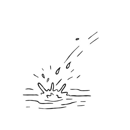 Water splashing sketch style. Doodle flowing drop. Liquid aqua splash. Fluid hand drowning image isolated on white. Fresh drink in motionのイラスト素材