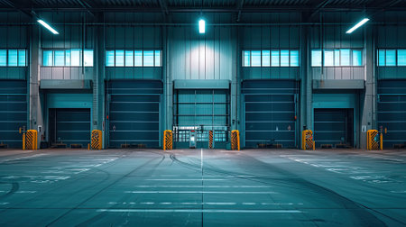 Industrial storage, logistics warehouse garage. Transport company and industry building. Concept of delivery. AI generatedの写真素材