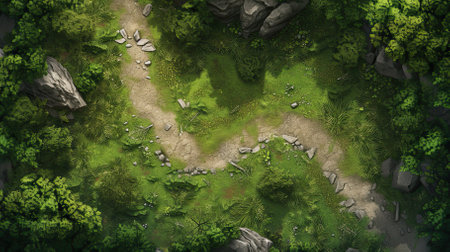 RPG battle map. Hobby roleplaying. AI generated. Fantasy battlefield illustration, cartography forest locationの写真素材