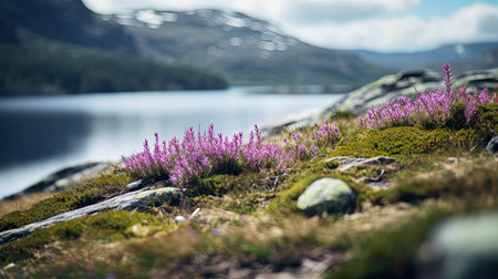 Norwegian fjord. Rock with heather or lavender on mountain background and the sea. Water and natural background. AI generatedの写真素材