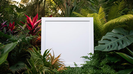 Empty photo frame on background of tropical jungle leaves. Natural landscape with foliage with copy...