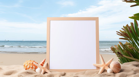 Empty photo frame on a beach background with sand. AI generated. A mockup of the coastline...