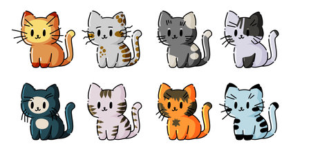 Cute kitty character, happy kitten drawing isolated on white. Outline colorful different animal portrait. Cat cartoon set.のイラスト素材