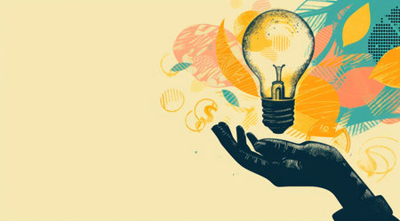 Hand with lightbulb in halftone style. AI generated. Concept of idea and inspiration with copyspace...