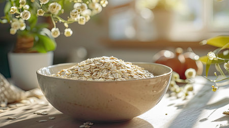 Oatmeal and cereals in rustic bowl. Retro Plate with natural food. Concept of healthy nutrition,...