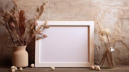 Empty photo frame on boho background with flowers on table. A mockup in a rustic style. Natural Business scandinavian template with dry plants. AI generatedの写真素材