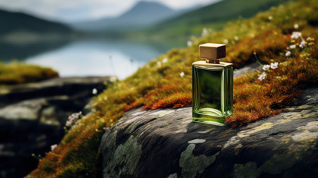 Fragrance perfume stand on stone against background of nature. Men perfume, concept of northern freshness, mountains and the sea. Glass bottle on a rock, rustic style. AI Generatedの写真素材