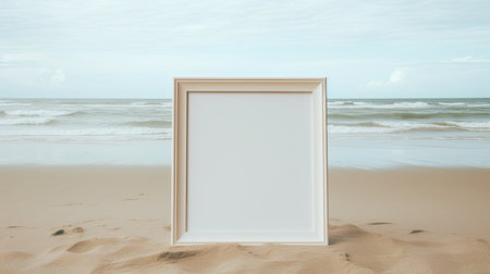 Empty photo frame on a beach background with sand. A mockup of the coastline seascape. Natural...