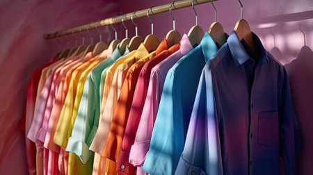 Hanger with colorful shirts. Set of clothes in rainbow colors. Wardrobe and Fitting room in a casual store. Fashion and style AI generatedの写真素材