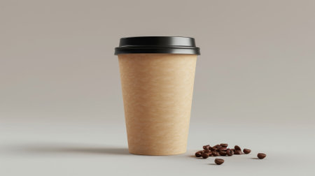 Coffee cap with bean. Hot glass with copyspace for text. Aroma grains for coffee shop.の写真素材