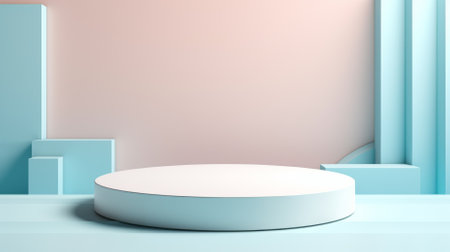 Mockup showcase in pastel blue background. 3d minimal geometric mock up stage. Product stand, business display base. Abstract studio empty show room. Presentation decoration of showroomの写真素材