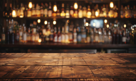 Wooden table in blurry bar. Blurred pub or restaurant. Empty wood counter in cafe. Vintage interior, copy space for business product or mockupの写真素材