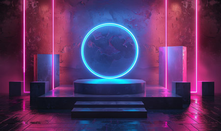 Empty podium and neon circle. 3d futuristic frame with platform, glowing background. Glow cyber stage. Fashion club and blank geometric portal with light scene. Showroom for productの写真素材