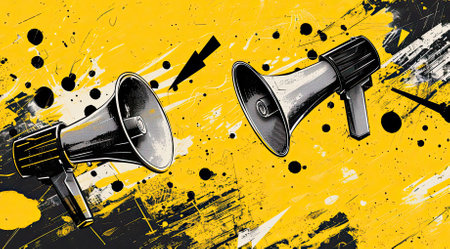 Cartoon megaphone in halftone grunge style. Loudspeaker and announcement message, comic illustrationの写真素材