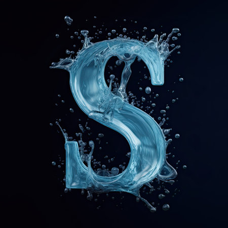 Letter S made of water. Font with splashes and drops of blue liquid. Typographic symbol with jet and splash. Marine concept of freshness, fluidity and the sea. AI Generatedの写真素材