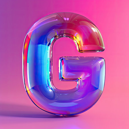 Letter G, transparent glass effect. AI generated. Glossy typographic sign with plastic purple reflection. Alphabetic pink neon fontの写真素材