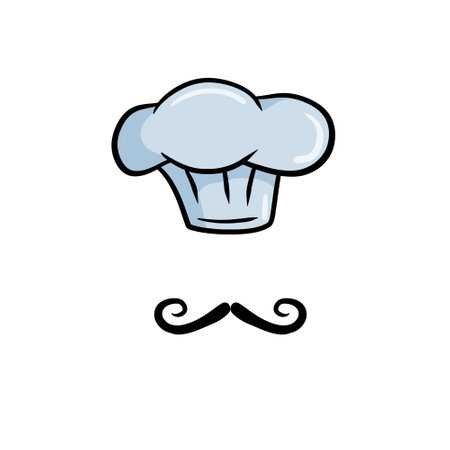 Chef cap. Cook sign. White uniform and hat. Cafe or french restaurant illustration. Bakery costume, cooking wear with moustache isolated on whiteのイラスト素材