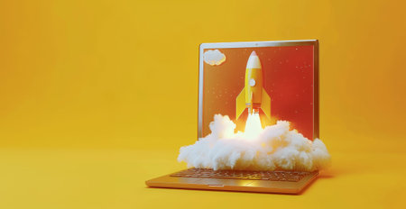 Startup idea. Business technology. Creative marketing and success. Clear yellow background. Launch of spaceship and 3d rocket from notebook displayの素材