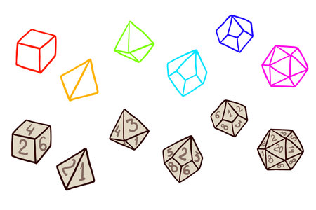 DND dice, set of tabletop board game. Cartoon sticker. Adventure boardgame with d20 and d12 stickerのイラスト素材