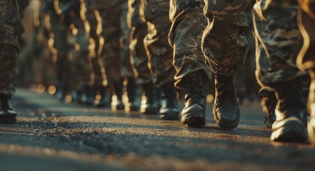 Military troops soldier. Training of man in camouflage. Armed boot. Army shoesの素材