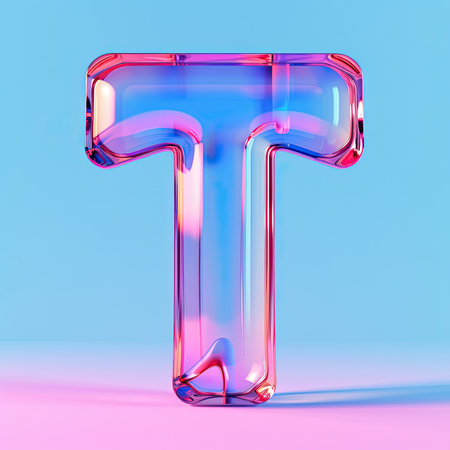Letter T, transparent glass effect. AI generated. Glossy typographic sign with plastic purple reflection. Alphabetic pink neon fontの写真素材