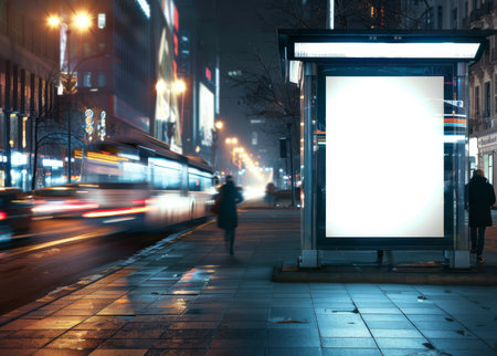 Mockup billboard. Empty street poster. Night Advertisement background. Mock template, white frame. Blank city bannerの写真素材