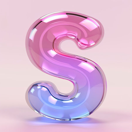 Letter S, transparent glass effect. AI generated. Glossy typographic sign with plastic purple reflection. Alphabetic pink neon fontの写真素材