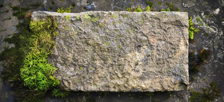 Stone block with moss. Old banner with copyspace background. Cobblestone nature brick. Gray granite surface. Empty wall tablet with empty spaceの写真素材