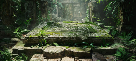 Rock jungle platform. Ancient forest stand. Mayan granite temple. Floor empty display. Stone tropical altar pedestalの写真素材