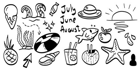 Summer travel sketch. Collection of outline summertime graphic. Ice cream, shell, sun and pineapple stroke ink. Drawing doodle beach element. Holiday tourism setのイラスト素材